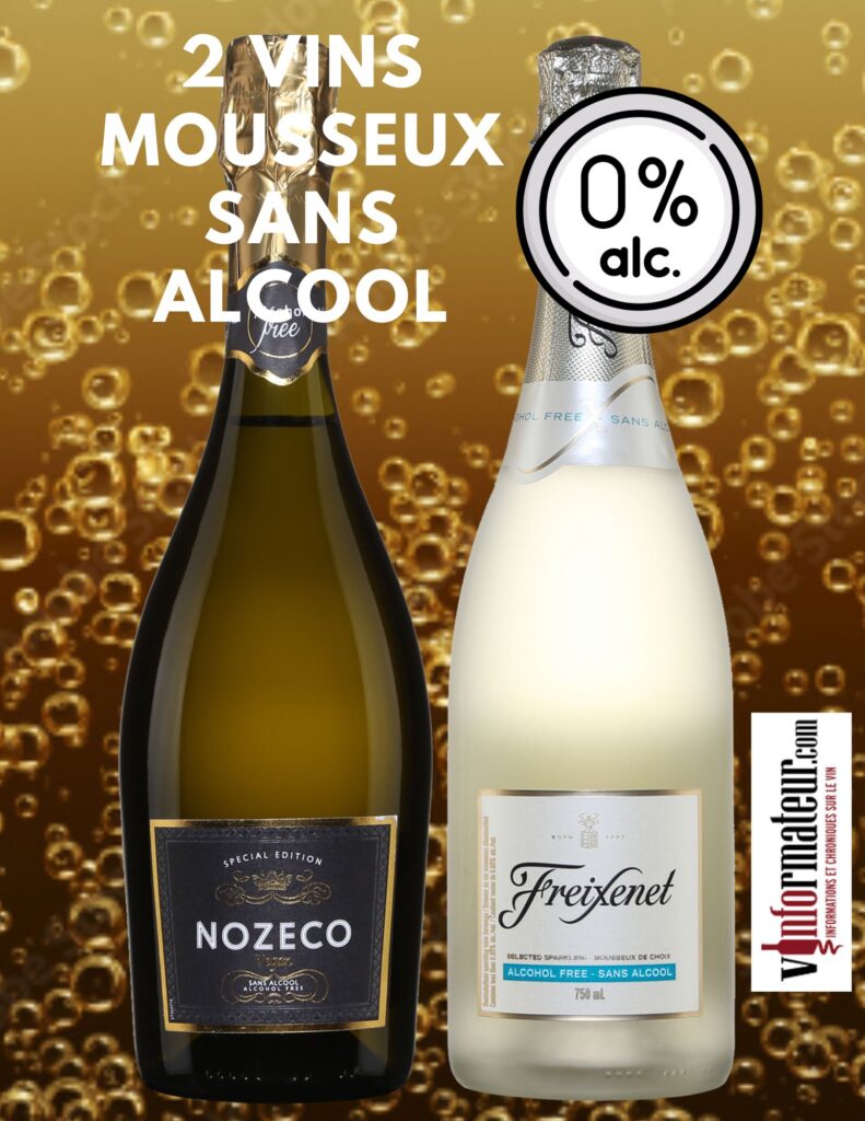 Deux vins mousseux sans alcool: Freixenet, Espagne, 10,50$, cépages : Airén 80 %, Macabeo 20 %, Nozeco, France, France, 750ml, 10,70$, cépages : Muscat 90 %, Chardonnay 10 %. bouteilles
