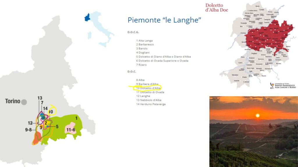 Carte viticole Dolcetto d'Alba, Piemonte Langhe