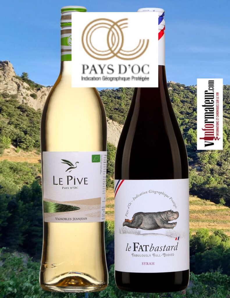 Vins du Pays d'Oc: Le Pive,vin blanc bio, Maison JeanJean, 2022, 17,20$, Fat Bastard, Syrah, Maison Gabriel Meffre, 2022, 14,90$. bouteilles