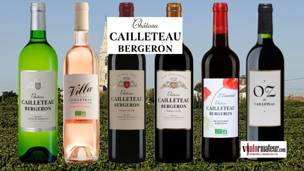 Château Cailleteau Bergeron: Prestige, blanc, Villa rosé, Tradition rouge, Prestige rouge, L'Essentiel rouge et Oz de Cailleteau rouge. bouteilles