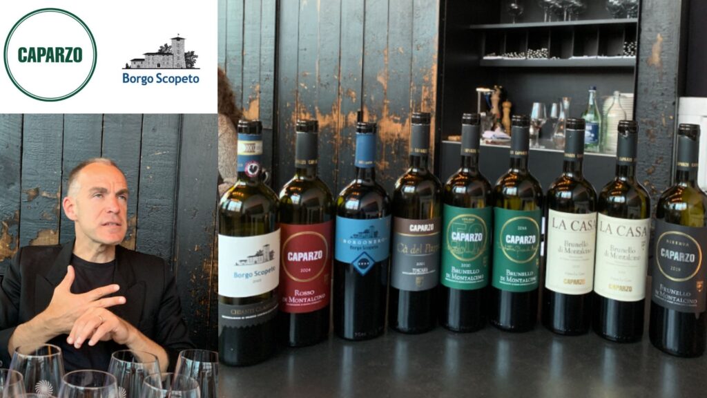 Dégustation des vins de Borgo Scopeto et Caparzo: Mirco Biliorsi de la maison. bouteilles