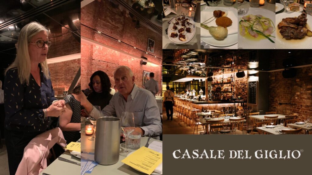 Dégustation des vins de Casale del Giglio: Elise Rialland, Giovanni Silvestri (Casale del Giglio), restaurant Stellina