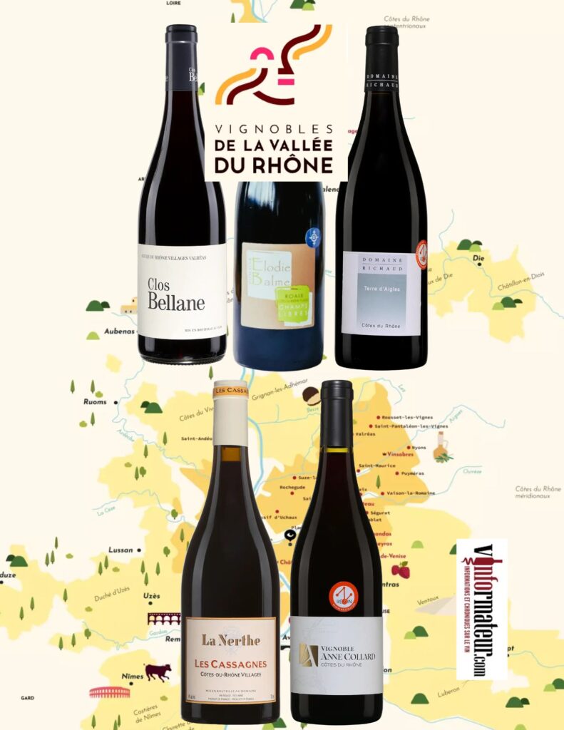 Dégustation vins rouges Côtes-du-Rhône bouteilles