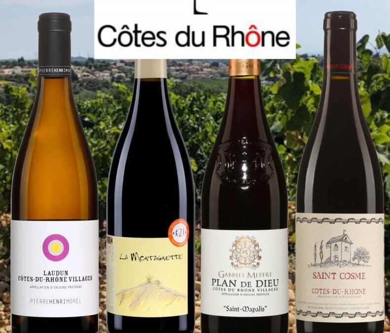 Quatre vins de l’AOC Côtes du Rhône à déguster.