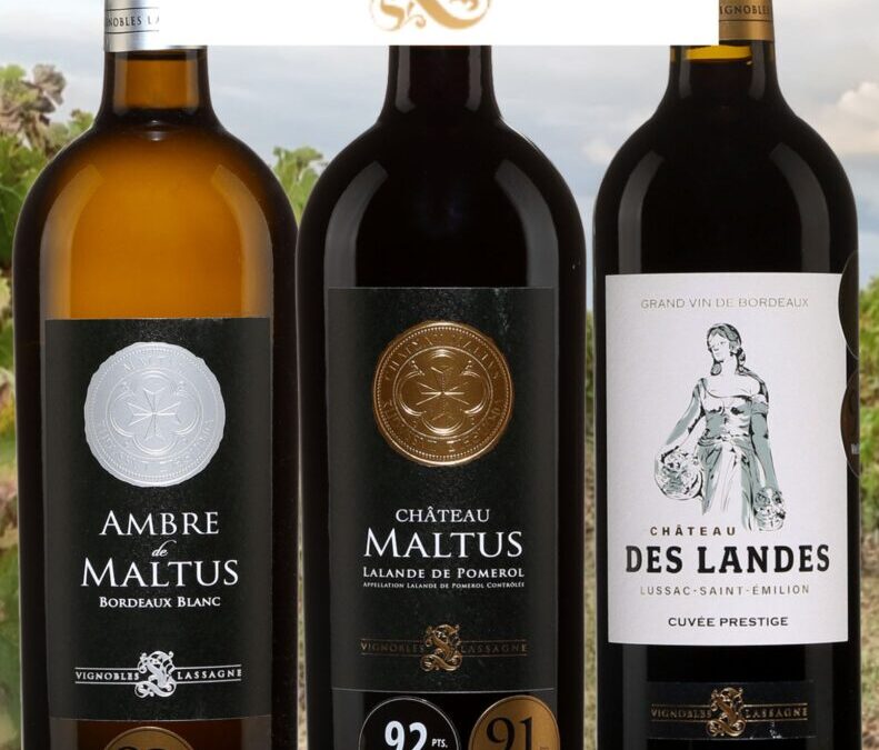 Trois belles expressions des vins de Bordeaux AOC, Lalande de Pomerol et Lussac-Saint-Émilion par les Vignobles Lassagne!